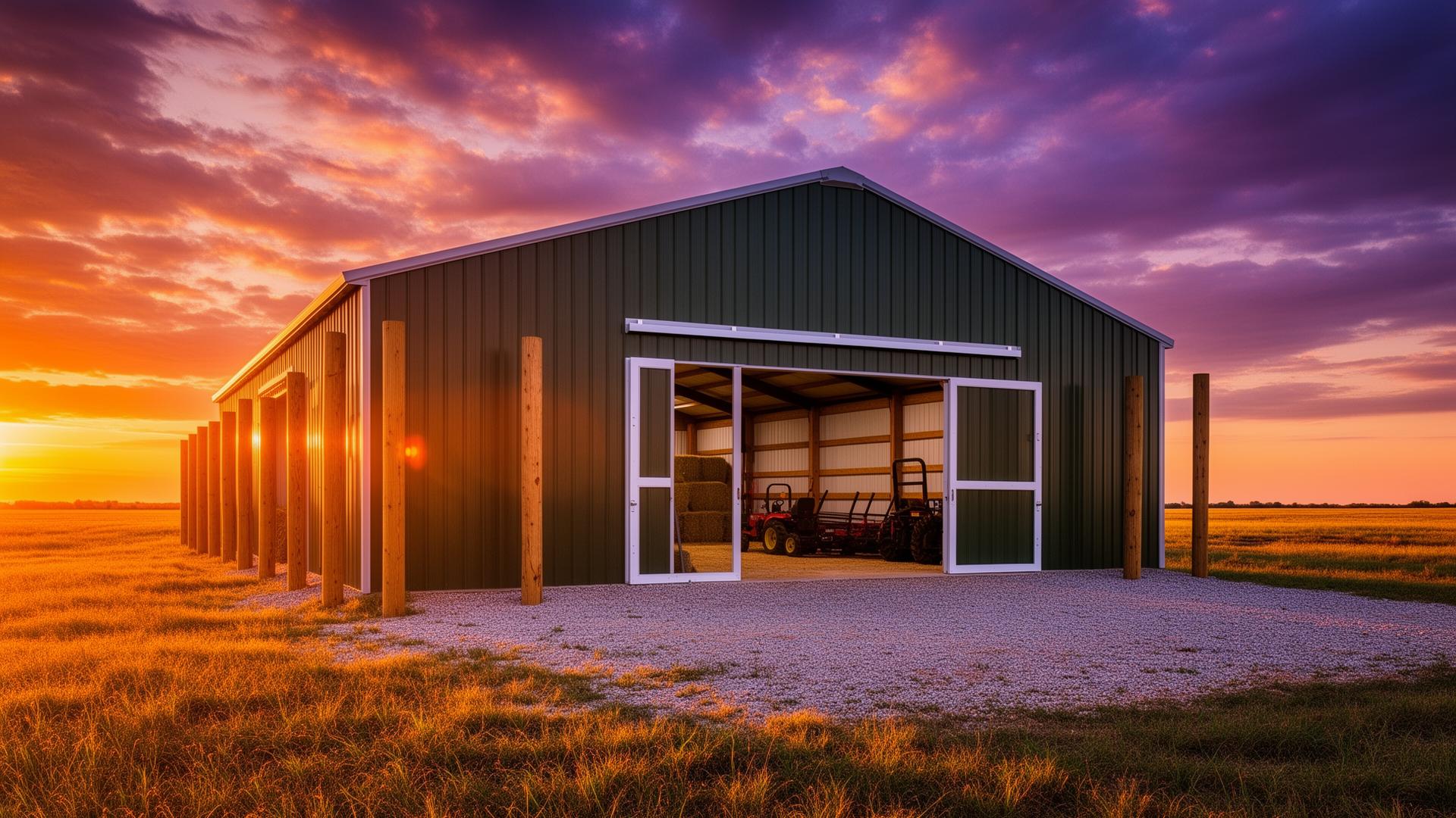 Metal-clad pole barn on an Oklahoma ranch landscape