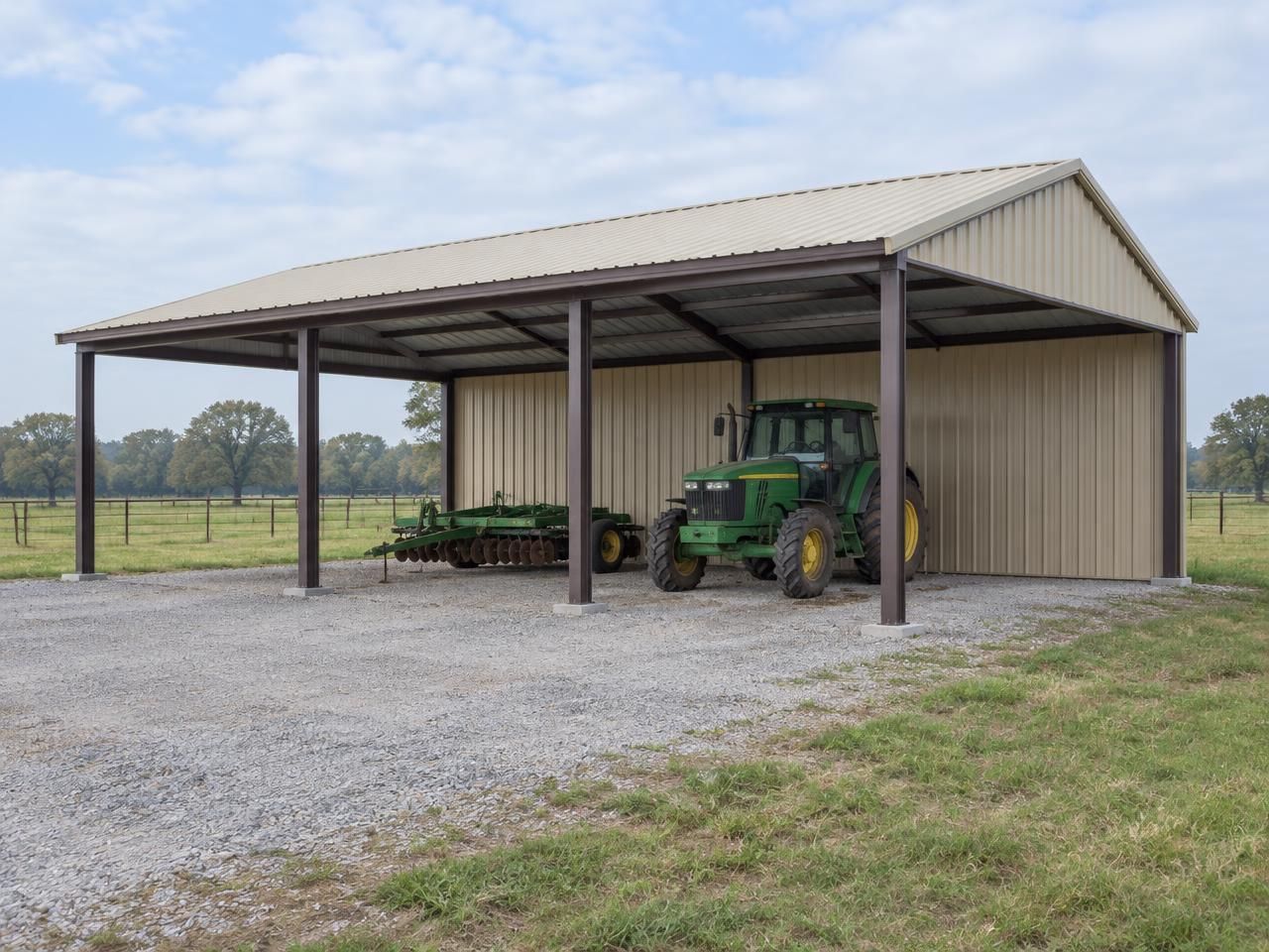 AI-generated illustration: Open-sided steel equipment shelter protecting a tractor and farm implements on a gravel floor. Not a completed Outlaw Building Co. project.