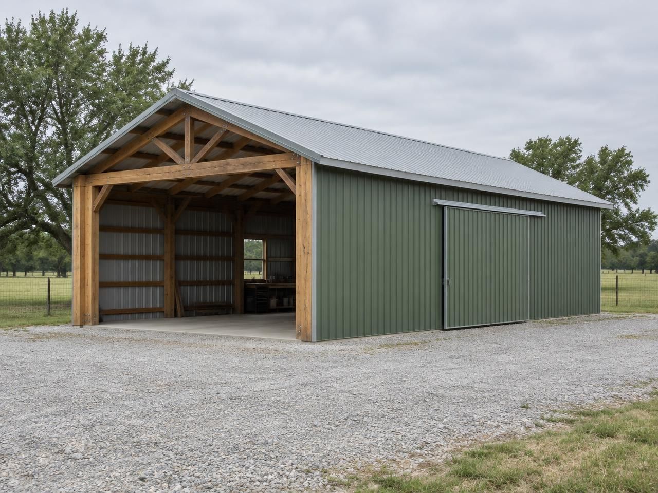 AI-generated illustration: Green post-frame agricultural building with exposed timber posts and a sliding barn door under overcast skies. Not a completed Outlaw Building Co. project.