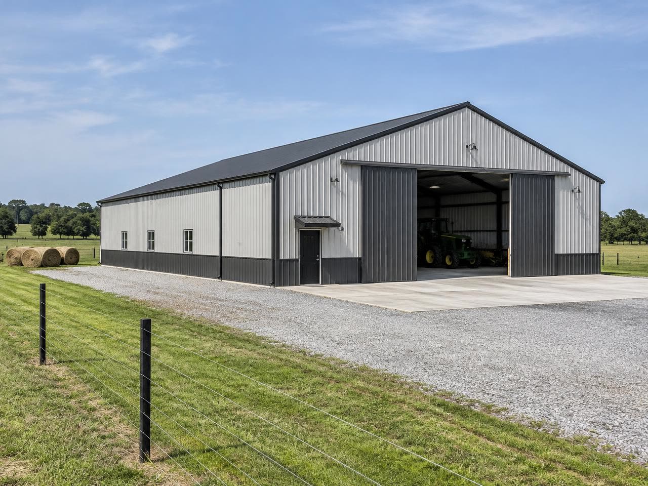 AI-generated illustration: New light gray and charcoal metal equipment barn with a wide sliding door, concrete apron, pasture fence and hay bales in daylight. Not a completed Outlaw Building Co. project.