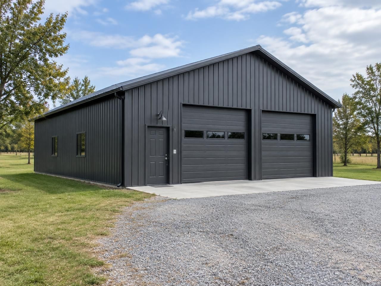 AI-generated illustration: Charcoal metal workshop with two overhead doors, a concrete apron and gravel driveway in daylight. Not a completed Outlaw Building Co. project.