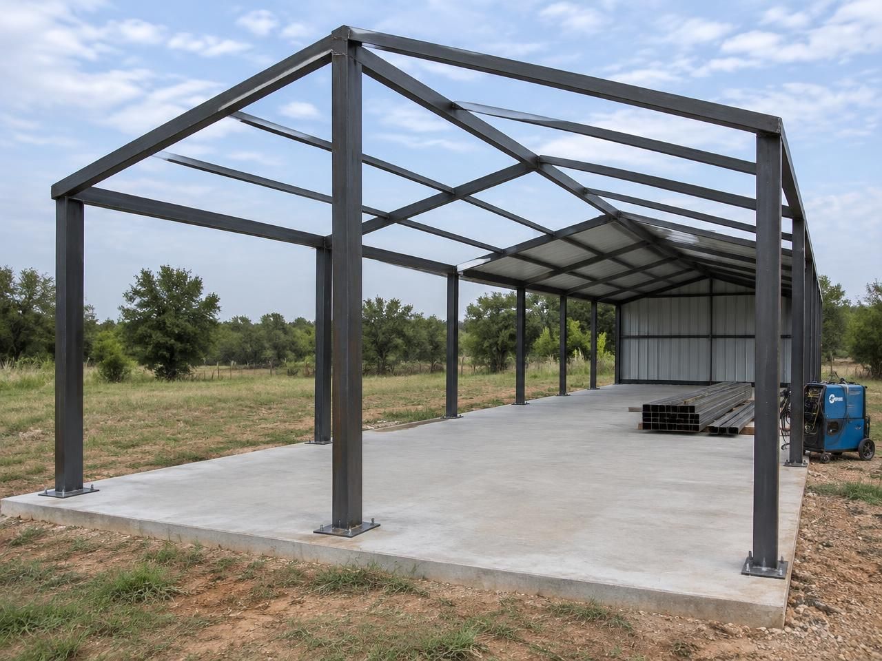 AI-generated illustration: Weld-up steel building under construction with exposed square-tube posts and roof framing on a concrete slab. Not a completed Outlaw Building Co. project.