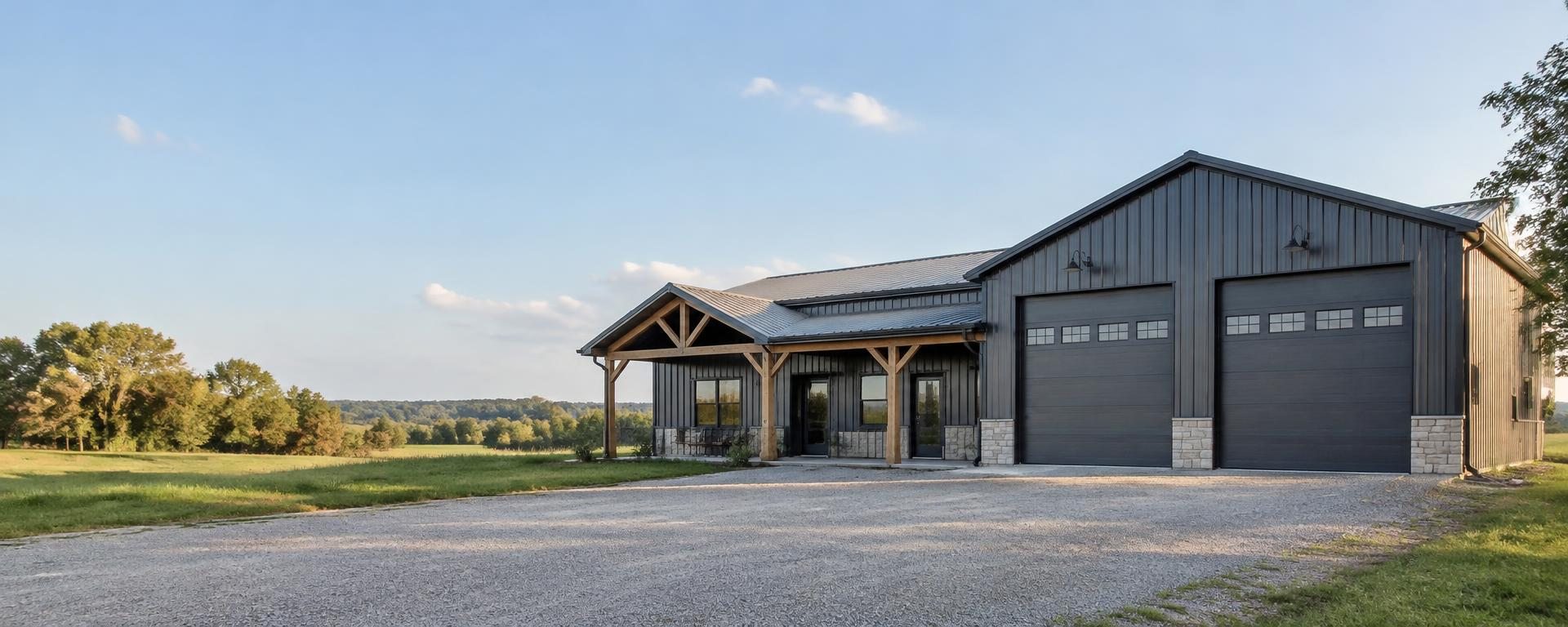 AI-generated illustration of a charcoal metal shop and barndominium on Oklahoma land; not a completed Outlaw Building Co. project.