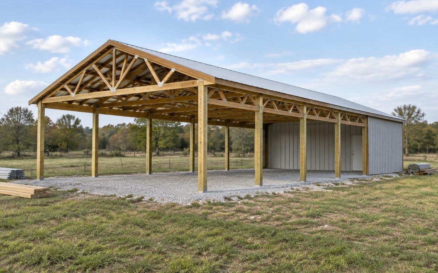 Illustration of a partially clad wood post-frame workshop with exposed timber framing on a rural Oklahoma property