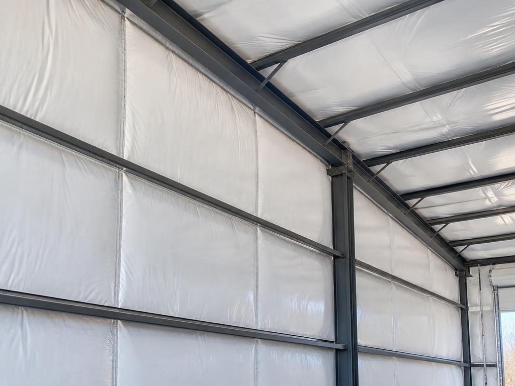 White vinyl-backed fiberglass blanket insulation fitted between steel framing in a metal building